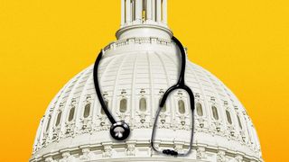 Illustration of a stethoscope draped over the dome of the US Capitol building.